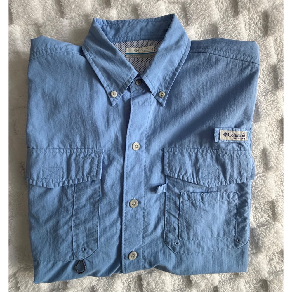 Columbia PFG Bahama II Fishing Shirt Mens Small Blue Short Sleeve Vented UPF 30